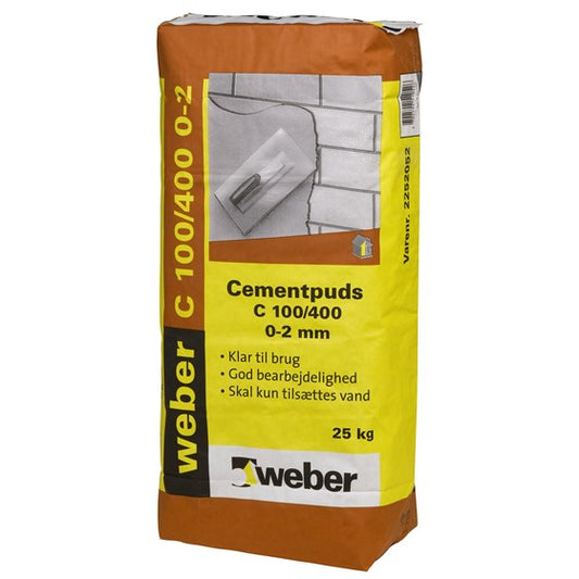 WEBER Cementpuds C100/400 0-2 mm: Robust Tørmørtel til Pudseopgaver - Størrelse: 25 kg Farve: Grå