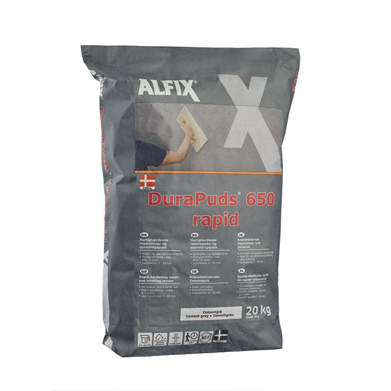 ALFIX DuraPuds 650 Rapid: Hurtighærdende Reparations- og Opretningspuds - Størrelse: 20 kg Farve: Cementgrå